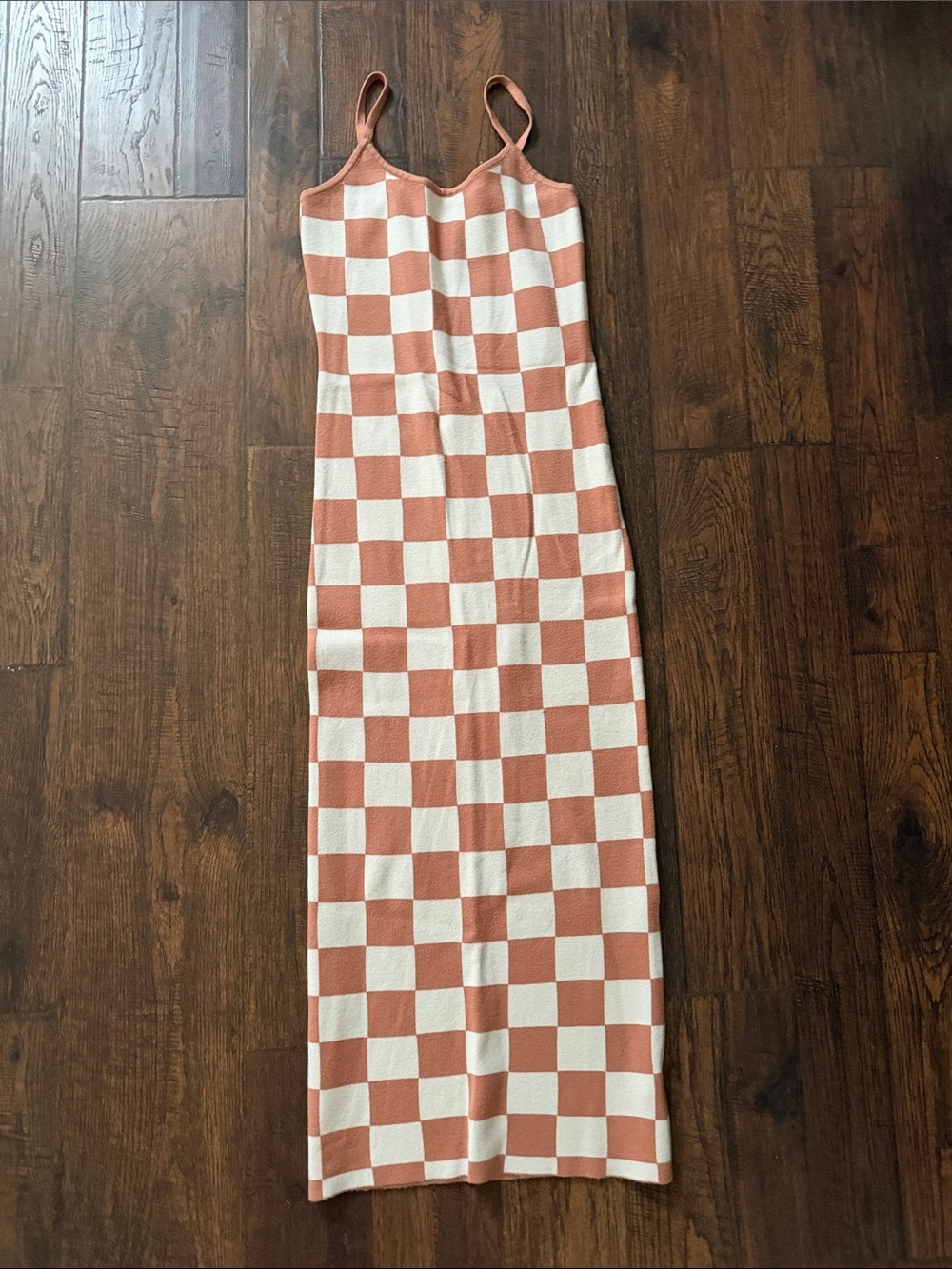 Sleeveless Checkerboard Maxi Dress in Rust and Cream
